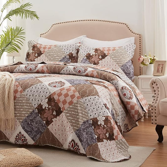 Full/Queen Size Quilt Set 3 Pieces Lightweight Reversible Bedspread-90''x98'' Soft Patchwork Floral Coverlet Luxurious Warm Microfiber Bed Cover All Seasons Brown Bedding Set(1 Quilt,2 Pillow Shams)