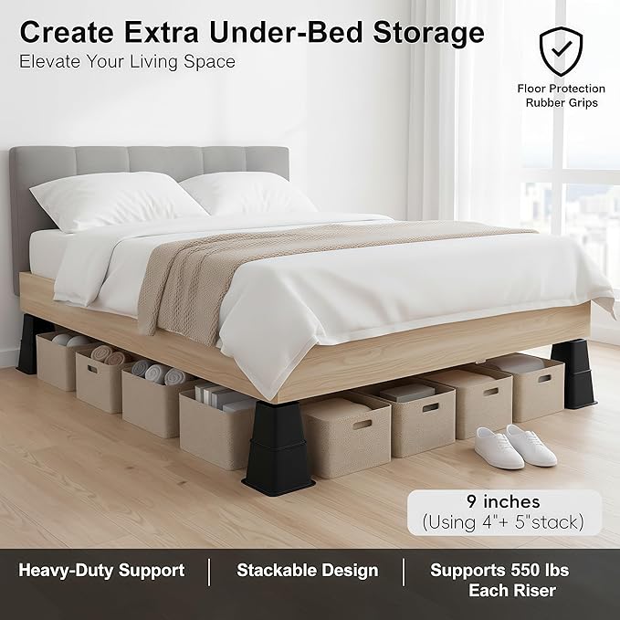 Bed Furniture Riser 4, 5 or 9 inches, Versatile Bed and Furniture Riser - Heavy Duty, Stackable, Supports 550 lbs Each Riser - Set of 8, Black