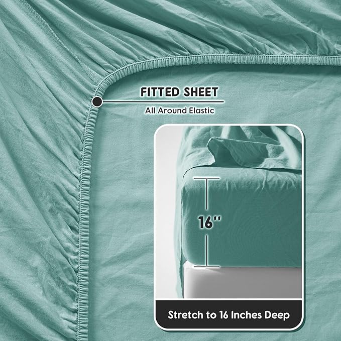 SONORO KATE 100% French Pure Linen Sheets, Breathable and Durable Linen Queen Size Sheets, Anti-Tear Linen Bed Sheets, Machine Washable, 16 Inch Deep Pocket - 4 Piece (Aqua, Queen)