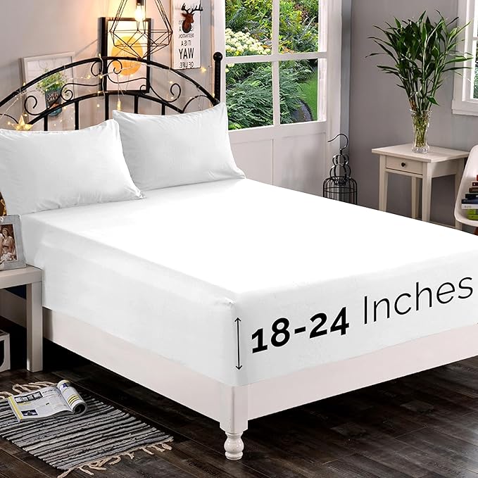 Elegant Comfort 1500 Premium Quality Fitted Sheet Ultra Soft 18-24 Inch Extra Deep Pocket - Single Fitted Sheet for High Mattress - Wrinkle Free with Smart Storage Pockets, Full, White