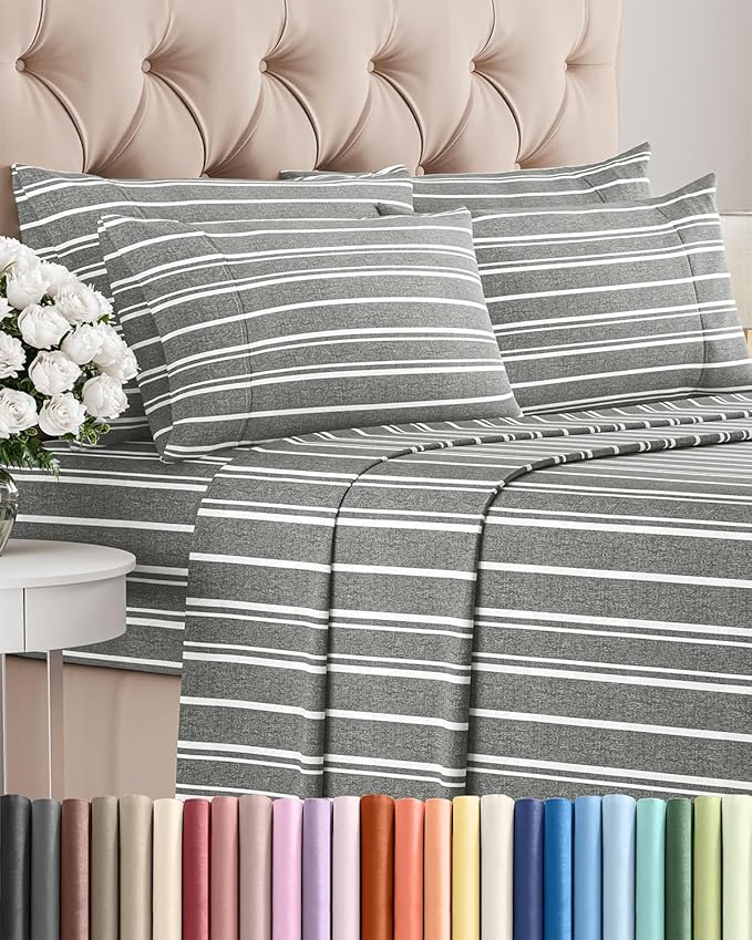 King 6 Piece Sheet Set - Comfy Breathable & Cooling - Soft Hotel Luxury Bedding Set with 8-16 Inch Deep Pockets - 1 Flat & 1 Fitted Sheet & 4 Pillowcases - Wrinkle Free & Easy Care - Grey Stripes 3