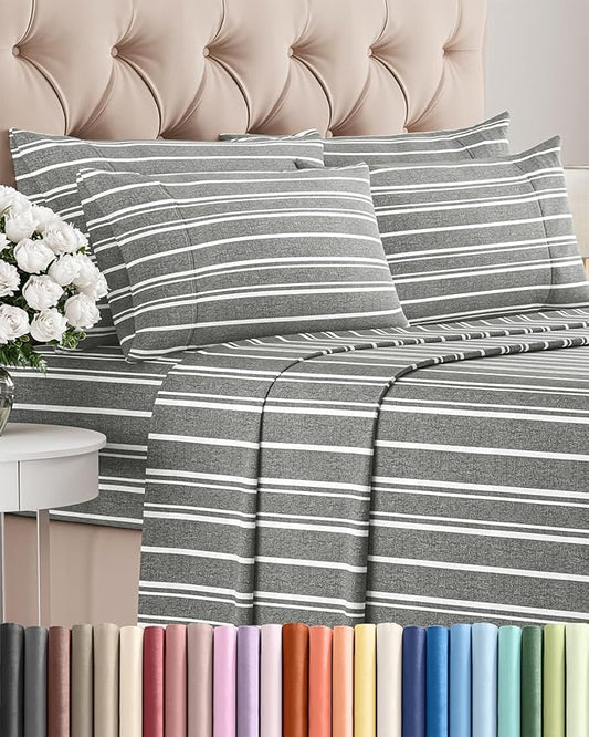 Queen 6 Piece Sheet Set - Comfy Breathable & Cooling - Soft Hotel Luxury Bedding Set with 8-16 Inch Deep Pockets - 1 Flat & 1 Fitted Sheet & 4 Pillowcases - Wrinkle Free & Easy Care - Grey Stripes 3