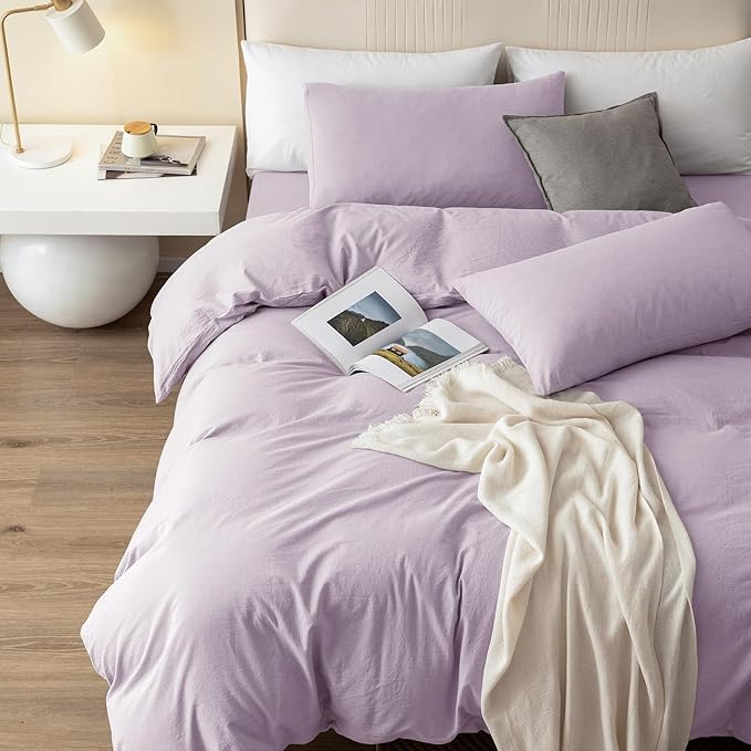 JIYUAN 100% Washed Cotton Duvet Cover Set 3 Pieces King, 1 Duvet Cover 104x90 Inches(Comforter Not Included) and 2 Pillowcases,Linen Like Comfy and Breathable,Heathered Light Purple
