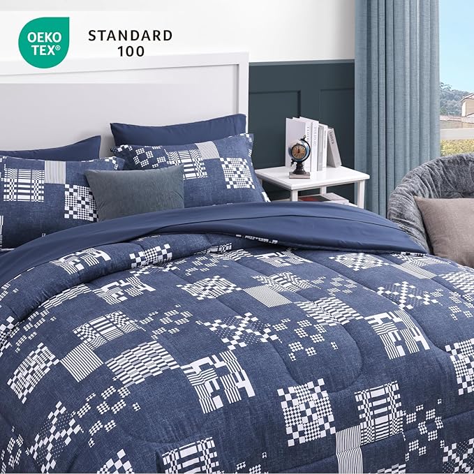 Twin XL Comforter Set Navy Blue, Plaid Bedding Set 5 Pieces for Boys Girls Teen, Classic Homestead-Style Comforter Set Bed in A Bag with Sheets, Pillowcase & Sham
