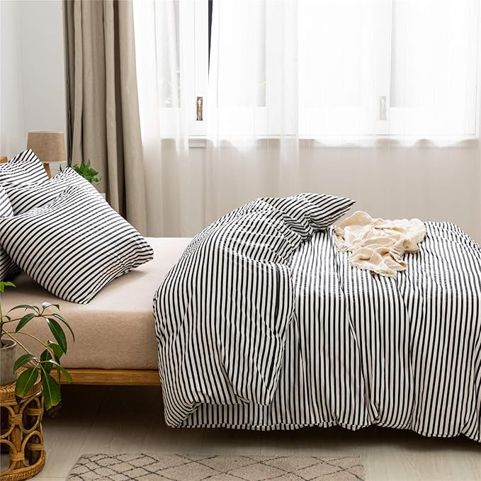 JELLYMONI 100% Natural Cotton 3pcs Striped Duvet Cover Sets,White Duvet Cover with Black Stripes Pattern Printed Comforter Cover,with Zipper Closure & Corner Ties(Queen Size)