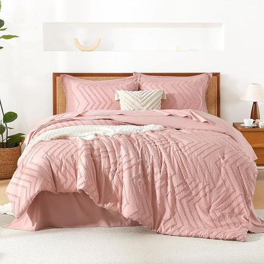 Litanika Blush Pink Queen Size Comforter Set with Sheets - 7 Pieces Bed in a Bag Queen Boho Tufted Complete Bedding Sets with Comforter, Sheets, Pillowcases & Shams