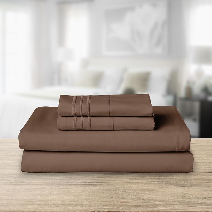 Elegant Comfort Luxurious 1500 Premium Hotel Quality Microfiber Three Line Embroidered Softest 4-Piece Bed Sheet Set, Wrinkle and Fade Resistant, Queen, Taupe