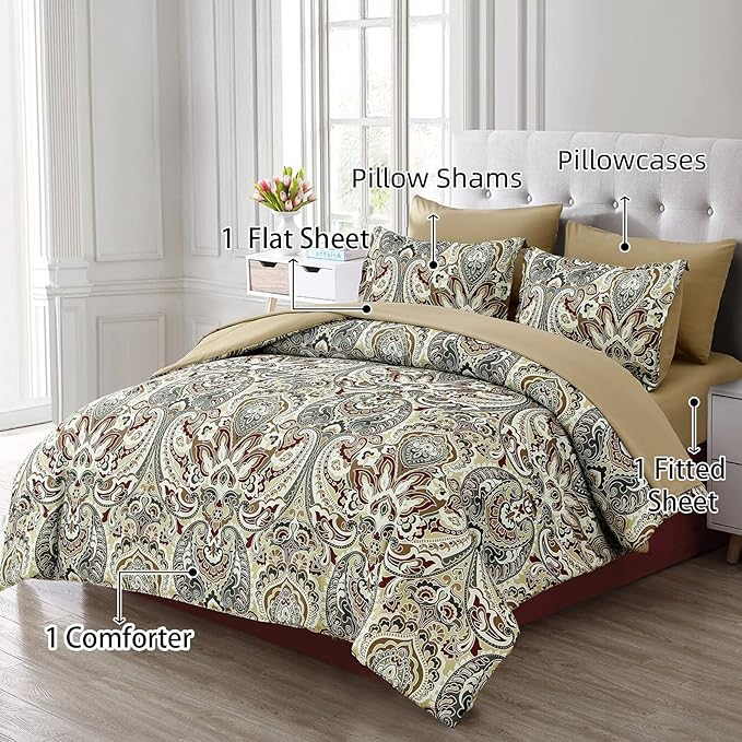 Boho Comforter Set King, 7 Pieces Bed in a Bag Comforter Boho Paisley Pattern Bedding Set Soft Microfiber King Size (1 Khaki Comforter, 1 Flat Sheet, 1 Fitted Sheet, 2 Pillow shams, 2 Pillowcases)