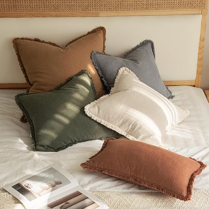 MIULEE Decorative Throw Pillow Covers Neutral Linen Fringe Throw Pillows Euro Shams Set of 2 Olive Green Boho Farmhouse Cushion Covers for Couch Sofa Bed Living Room Spring Home Decor 22x22 Inch