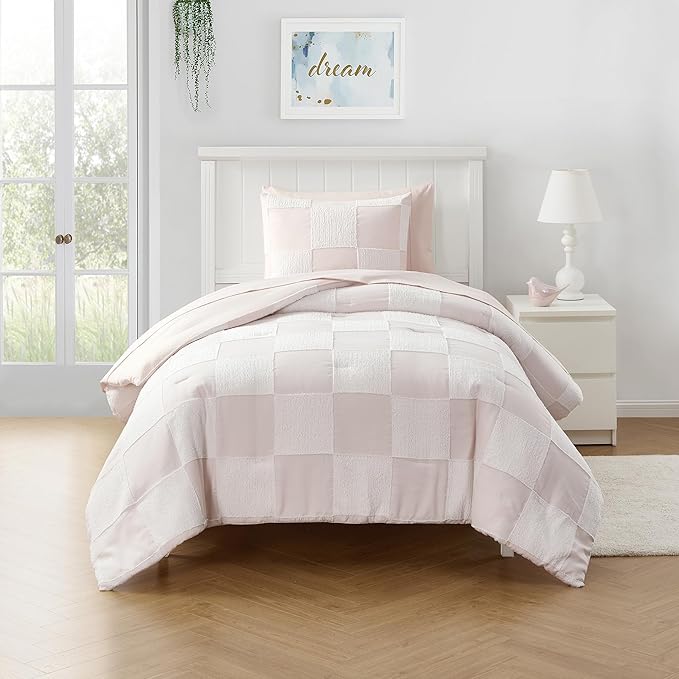 Kids Comforter Set Bedding Set Bed in a Bag for Boys and Girls Toddlers Printed Sheet Set and Comforter, Twin, Chenille Checkered Blush Pink