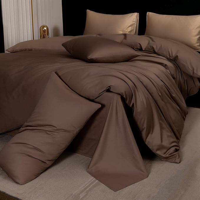 MooMee Duvet Cover Set 100% Extra Long Staple Cotton 600 Thread Count Silky Sateen Smooth Luxury Soft Breathable Durable Hotel Quality Bedding, 3 Pieces (Chocolate Brown, Full 80"x90")