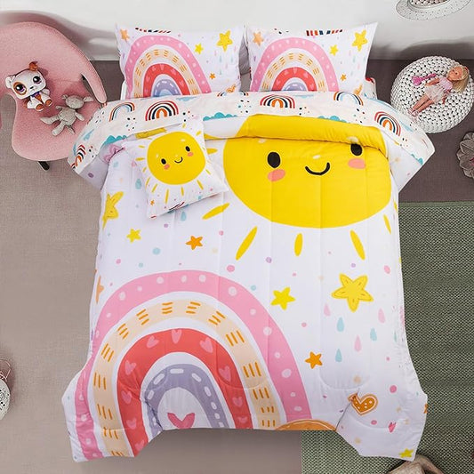 A Nice Night Bedding 6 Pcs Cartoon Rainbow Bedding Set with Smile Sun Printed for Boys Girls Bed Comforter Sets (White, Full)