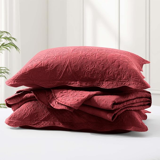 IR Imperial Rooms Twin Quilt Bedding Set Size (68” x 86”) + 1 Pillow Shams (20” x 26” + 2”) - 2 Pcs All Season Lightweight Reversible Microfiber Coverlet Floral Embossed Quilt Bedspread (Burgundy)