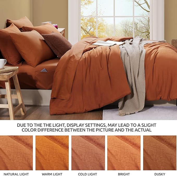 WRENSONGE Super King Plus Comforter Set- 7 Pieces Soft Burnt Orange Bed in a Bag with Fitted Sheet, Flat Sheet, 2 Shams, and 2 Pillowcases-Warm Bed Sets Fall Comforter for All Seasons