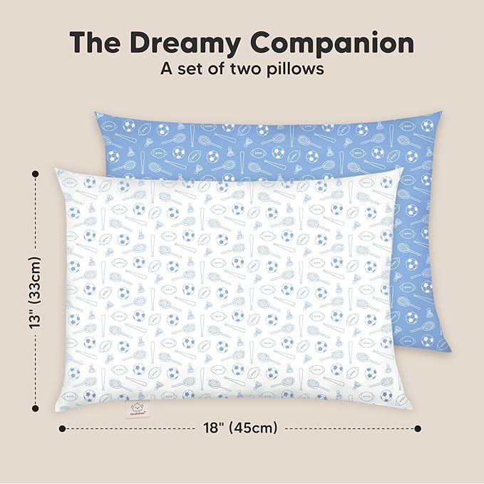 KeaBabies 2-Pack Toddler Pillows 2 Year Old to 5-13x18 Soft Organic Cotton Kids Pillow for Sleeping, Travel, School, Daycare, Nap, Toddler Bed, Machine Washable, Without Pillowcase (Sports)