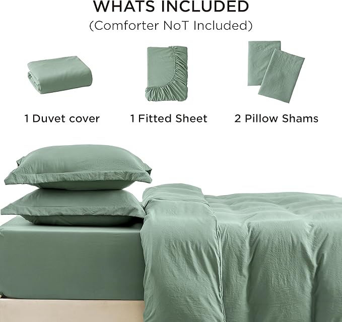 Bedsure Duvet Cover King Size with Fitted Sheet - 4 Pieces Prewashed Cotton-Like Polyester Extra Soft Bedding Set, Includes 1 Duvet Cover 104x90 Inches, 2 Pillow Shams, 1 Fitted Sheet, Sage Green