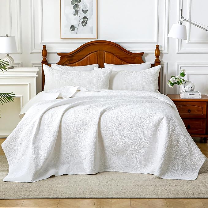 White 100% Cotton Twin Quilt Set, 3 Piece Modern Textured Bedspread with Coin Pattern, Lightweight Crinkly Coverlet Sham Set, Soft Minimalist All Season Bedding, Garment-Washed