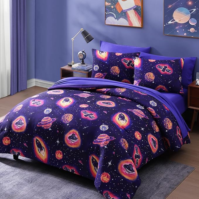 Twin Kids Comforter Set - 5 Pieces Twin Bedding Sets for Boys Teen, Outer Space Rocket Bed in A Bag with Sheets