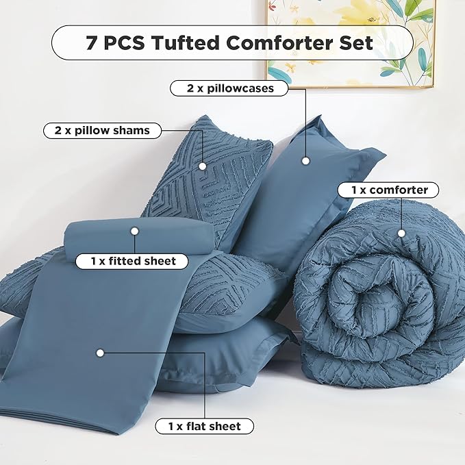 Andency Oversized Queen Comforter Set 7 Piece Ocean Blue - Bed in a Bag Oversized Queen Boho Lightweight Fluffy Tufted Bedding Sets with Comforter, Sheets, Pillowcases & Shams