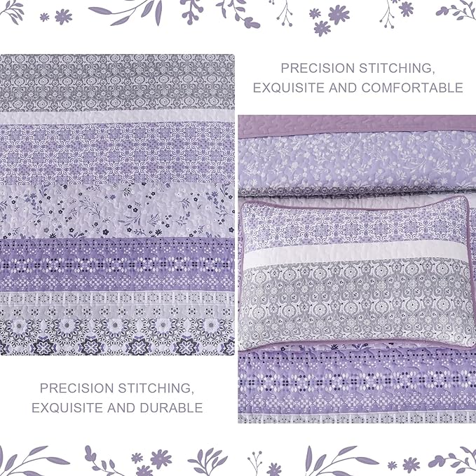 WONGS BEDDING Boho Quilt Set Queen Size,Lavender Purple Bohemian Striped Patchwork Bedspread Set,3 Pieces Microfiber Bedding Set for All Seasons (96"x90")