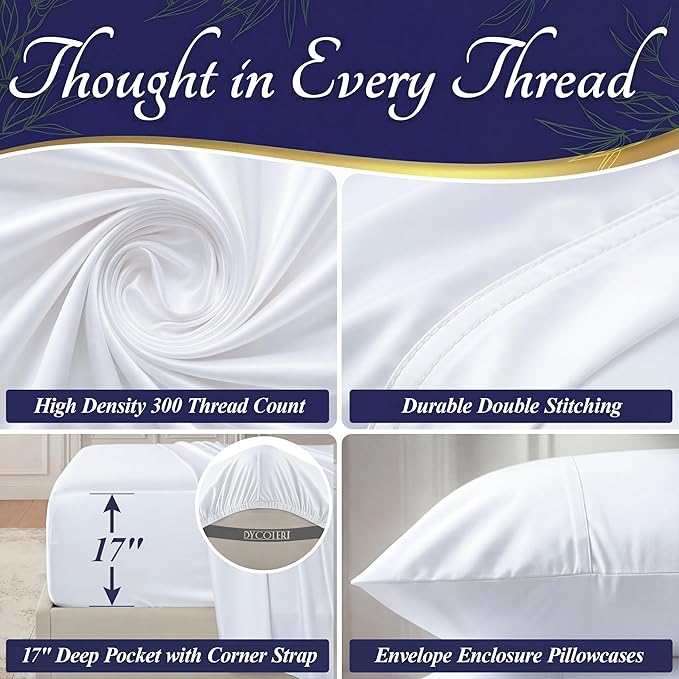 DECOLURE 100% Viscose Derived from Bamboo Sheets Full Size - Luxury 4 Pc Naturally Cooling Sheets, Ultra Soft Bed Set - Deep 17" Pockets, Durable Double Stitching, Oeko Tex Standard (White)
