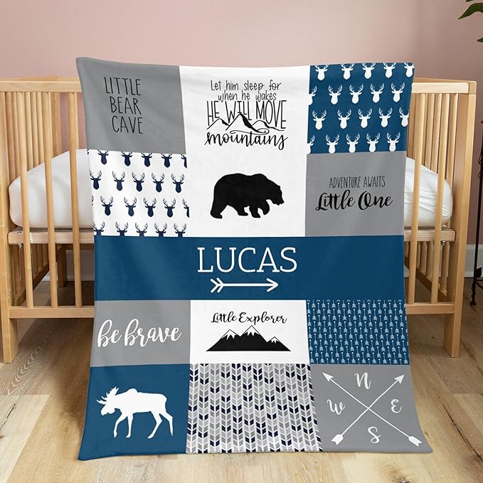 Custom Bear Baby Blanket for Boy, Litter One Blanket with Name - 35 x 45 Blankets with Double Layer Dotted Backing - Shower Gifts for Nursery - Essential Baby Stuff, Dark Slate Blue