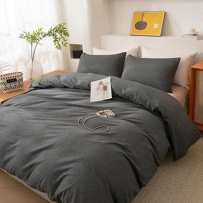 ECOCOTT Duvet Cover Set, 100% Washed Cotton Linen-Like Textured Soft & Breathable, Durable Comfy Bedding Set for All Seasons (Grey, California King)