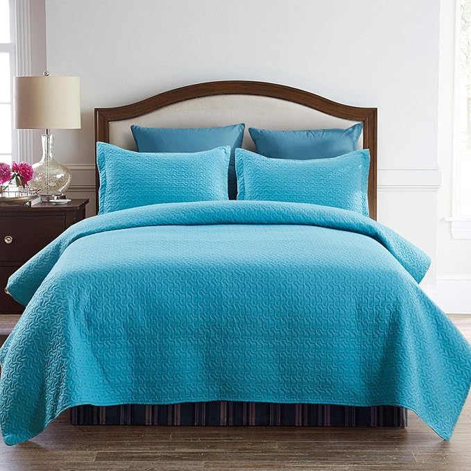 JML Quilts Set, Bedspread Coverlet Set with Pillowcases - 3 Piece Soft and Lightweight Bed Quilt for Spring, Autumn and Summer (Embossed Stripe - Turquoise, Full/Queen(88"x92"))