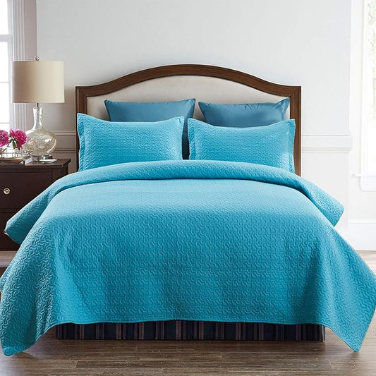 JML Quilts Set, Bedspread Coverlet Set with Pillowcases - 3 Piece Soft and Lightweight Bed Quilt for Spring, Autumn and Summer (Embossed Stripe - Turquoise, Full/Queen(88"x92"))