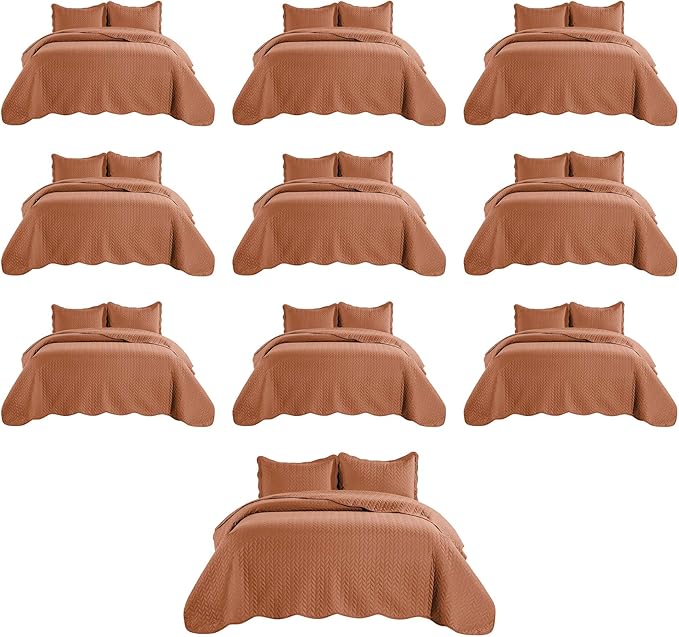 IR Imperial Rooms Queen Quilt Bedding Set (90" x 96") - Bulk Pack of 10 Wholesale for Hotels, Guest Bedroom & Airbnbs - Lightweight Microfiber Reversible Embossed Quilts Bedspreads (Rust)