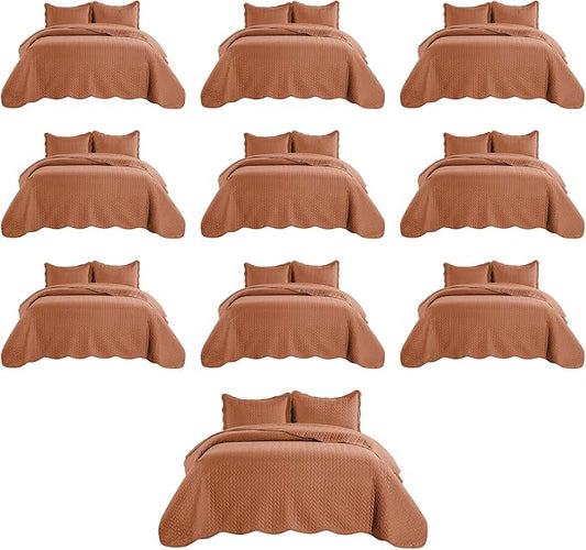 MOONLIGHT20015 Queen Quilt Bedding Set (90" x 96") - Bulk Pack of 10 Wholesale for Hotels, Guest Bedroom & Airbnbs - Lightweight Microfiber Reversible Embossed Quilts Bedspreads (Rust)