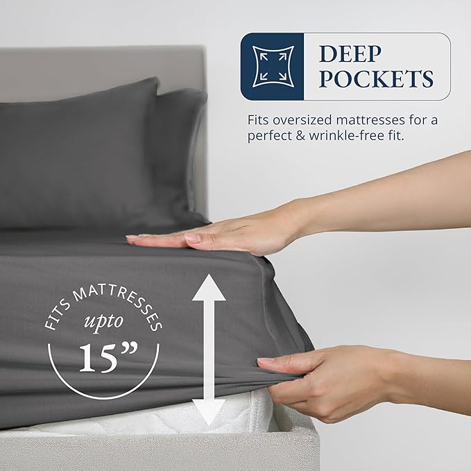 LANE LINEN King Size Fitted Sheet, 100% Organic Cotton, 3-Piece Set (1 Fitted Sheet,2 Pillowcases), Percale Weave, Ultra Soft, Breathable,Fits Mattress Upto 15" Deep - Charcoal (No Flat Sheet)