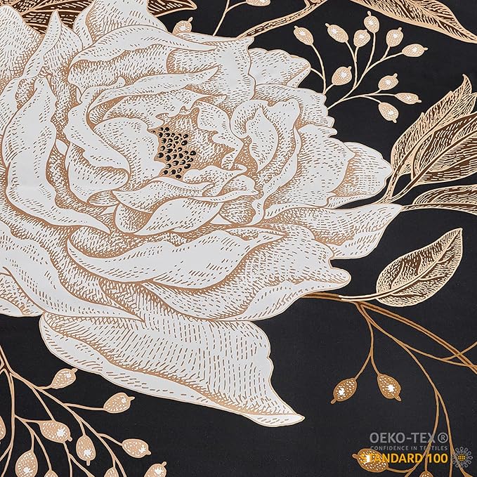 mixinni Floral Duvet Cover King Size, 3 Pieces White Flowers and Gold Leaves Printed on Black Bedding Set, Soft Premium Cotton Reversible Elegant Floral Duvet Cover Set for All Season-King Size