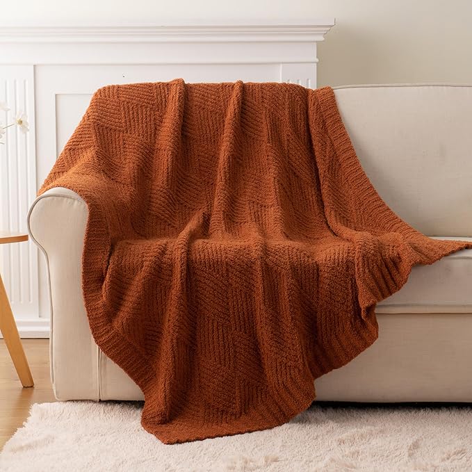Battilo Fall Decor Caramel Diamond Knit Throw Blanket for Couch and Bed, Soft Textured Chenille Rust Orange Blanket, Cozy Lightweight Decorative Blanket for Sofa, 50"x60"