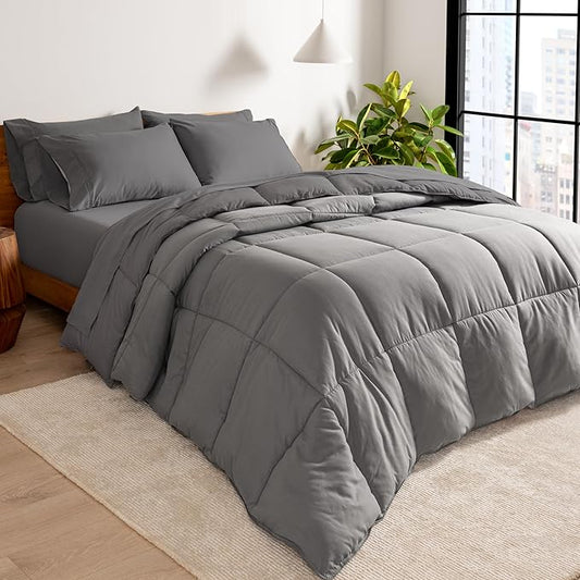 Bare Home Reversible Bed-in-A-Bag Comforter & Sheet Set - Split Queen - Down Alternative - Soft - Bedding Set (Split Queen, Grey/Light Grey)