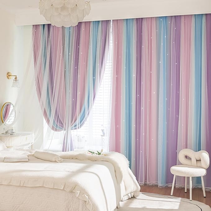 XiDi Girls Blackout Curtains 120 Inches Long for Bedroom, Room Darkening Grommet Window Ombre Curtains 2 Panel Sets, Kids Unicorn Princess Theme Decor Colorful Rainbow Design Pink Purple 34X120/2