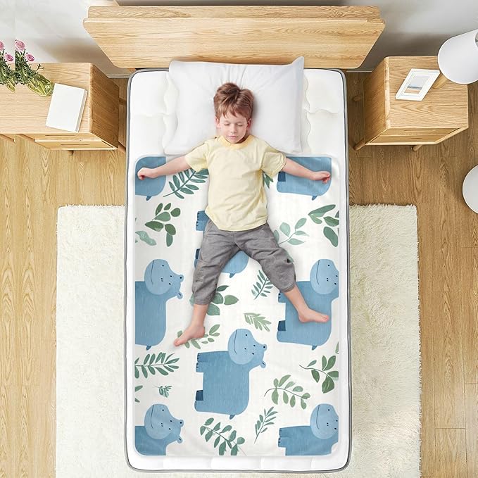 Waterproof Bed Pad Reusable Changing Pad Toddler Mattress Protector Large Pee Pad Baby Diaper Pad Soft Washable Liner Cute Hippo and Green Leaves