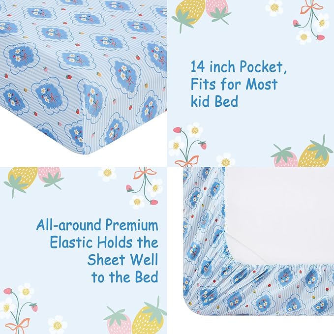Kids Sheet Set Twin Size, Twin Sheet Set with Striped Flower Pattern，Breathable Silky Soft Microfiber Kids Fitted Sheet