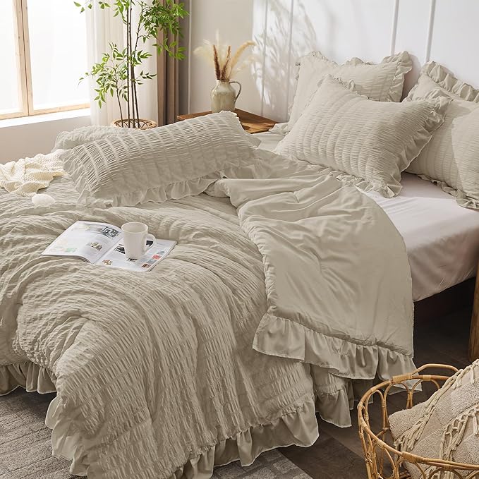 JOLLYVOGUE Twin Size Comforter Set, 2 Pieces Linen Seersucker Lightweight Fluffy Bedding Set, Twin Ruffle Comforter, All Season Soft Microfiber Shabby Chic Bed Set