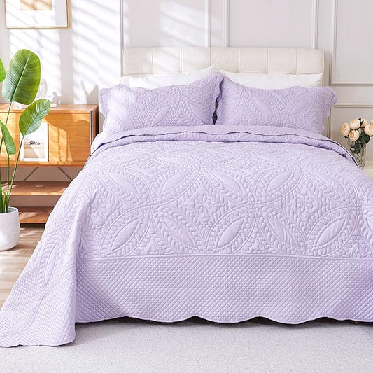 Cmfshape Oversize King Bedspread 128"x120",3 Piece California King Quilt,Lightweight Lavender Bed Quilt Set for All Season,Modern Coin Pattern Bedding Set