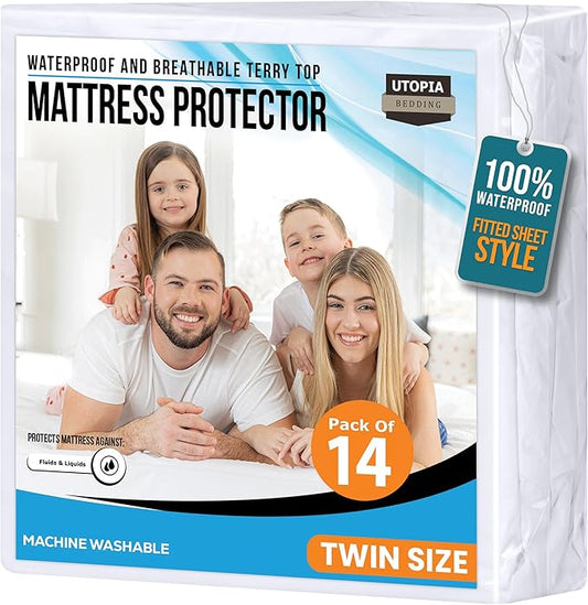 Utopia Bedding Waterproof Mattress Protector Twin Size 14 Pack, Premium 200 GSM Terry Mattress Cover, Soft & Breathable Bed Cover, Fitted Sheet Style with Stretchable Deep Pockets 15" (White)