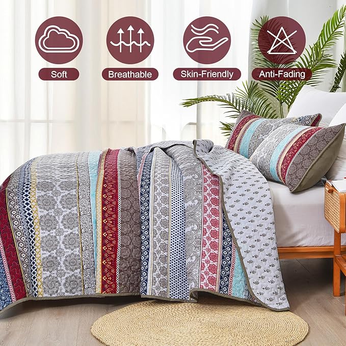 WONGS BEDDING Boho Quilt Set King Size, Brown Bohemian 3 Pieces Quilt Bedding Sets, Lightweight Microfiber Bedspread Coverlet Set for All Season (104"x90")