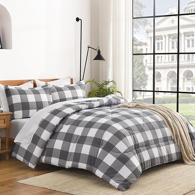 Andency Plaid Comforter Twin XL(68x92Inch), Gray White Checkered Gingham Buffalo Grid Bed Set for Students Boys Kids Teens, 2 Pieces Lightweight Microfiber Geometric Dorm Bedding