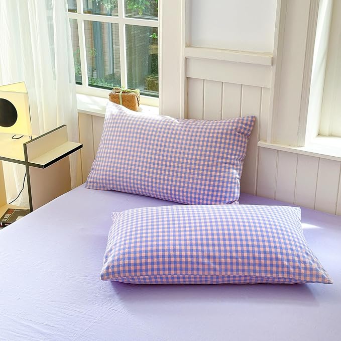 LifeTB Purple Gingham Duvet Cover Twin Boho Grid Plaid Duvet Cover 100% Washed Cotton Checkered Comforter Cover with 2 Pillowcases Reversible Grid Pattern Farmhouse Bedding Set Twin