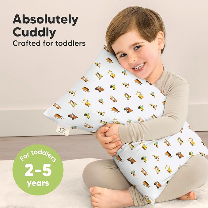KeaBabies Toddler Pillow with Pillowcase - 13x18 My Little Cuddly Kids Travel Pillows for Sleeping, Nap, Viscose from Bamboo Nursery Pillowcase, Soft & Breathable, Toddler 2-5 Years Old (Construction)