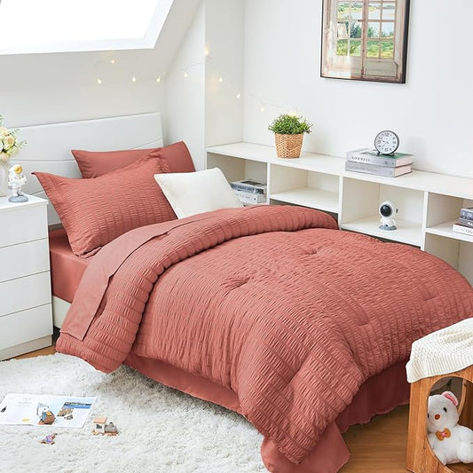 HYMOKEGE Coral Twin XL Comforter Set Seersucker 5 Pieces, All Season Luxury Bed in a Bag for Bedroom, Bedding Set with Comforter, Sheets, Pillowcase & Sham