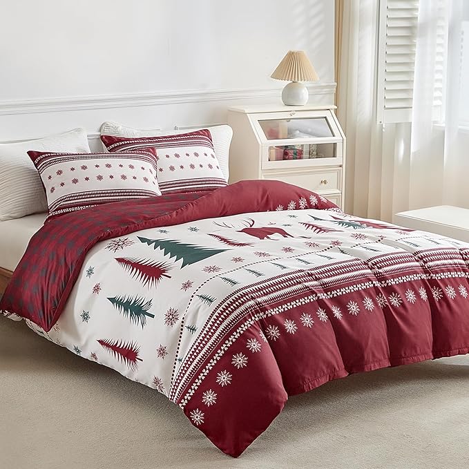 Lekesky Duvet Cover King Size,3 Pieces Reversible Red Plaid Reindeer Snowflake Winter Bedding Set with Zipper Closure and Corner Ties(1 Duvet Cover 104''×90'' inches + 2 Pillowcases)