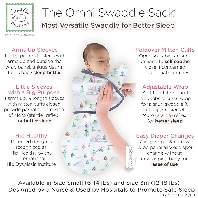 SwaddleDesigns 6-Way Omni Swaddle Sack Arms Up Swaddle for Newborn, More Options to Calm Moro Reflex, Improves Sleep, Transition Baby Sleep Sack, Small, 0-3 Mo, 6-12 lbs, Watercolor Mountains & Trees