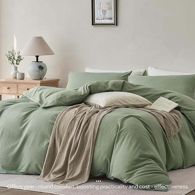 JELLYMONI Washed Cotton Duvet Cover Set Queen Size,Sage Green - Super Soft & Breathable Bedding Comforter Cover with Zipper, for Modern Home, Guest Room, and Everyday Use,1 Duvet Cover & 2 Pillowcases