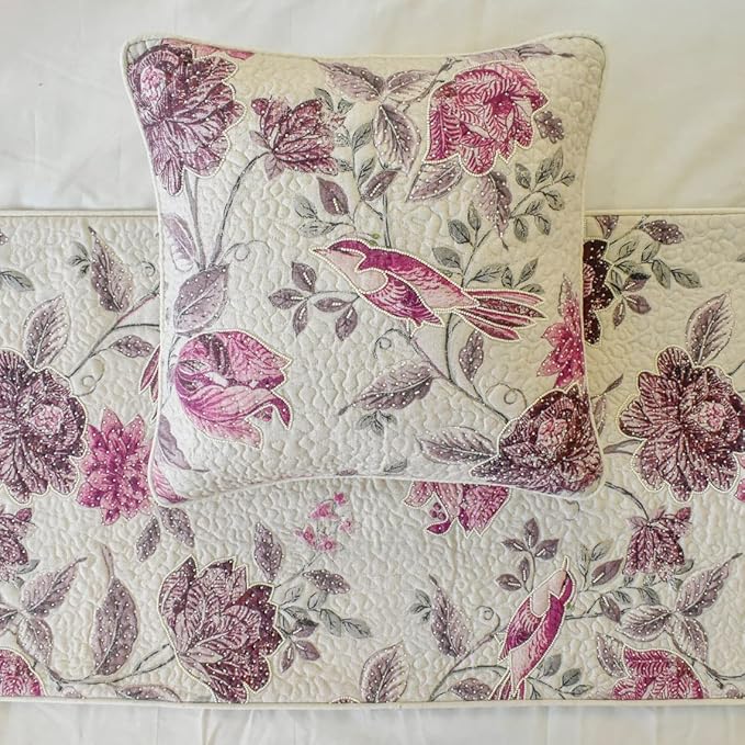 The HomeCentric King/Queen/Twin Pink Decorative Full 68"x18" Bed Runner with 2 Pillow Cover, Quilted, Printed & Pearl Embroidery Bed Scarf on Cotton Fabric - Vintage Birdie